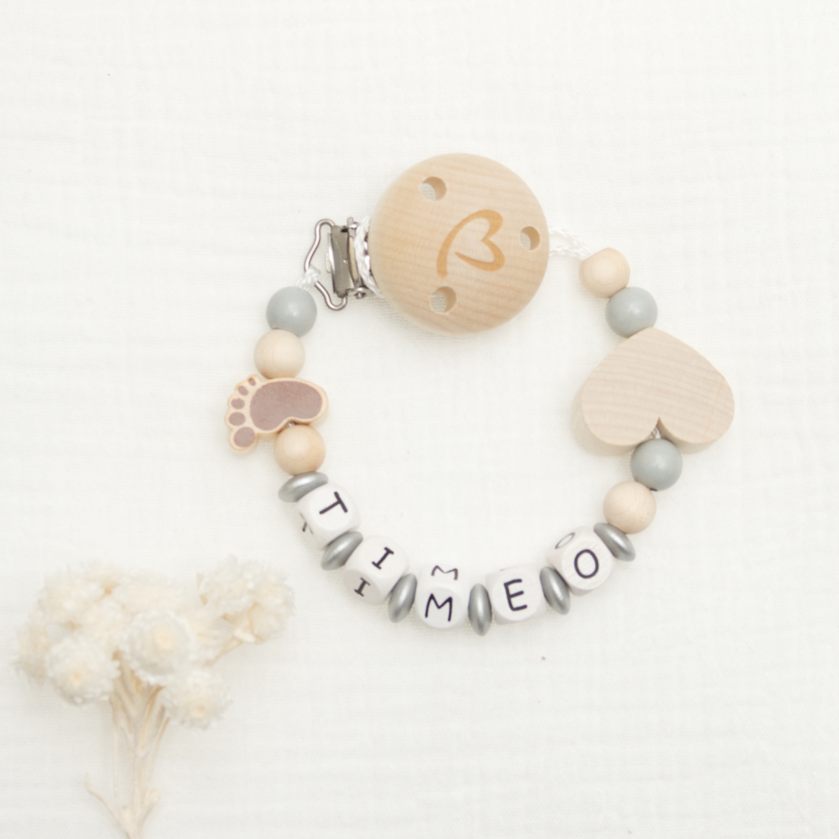 Baby-Armband, Holzperlen, Buchstabenperlen, Schnullerkette, Herzform