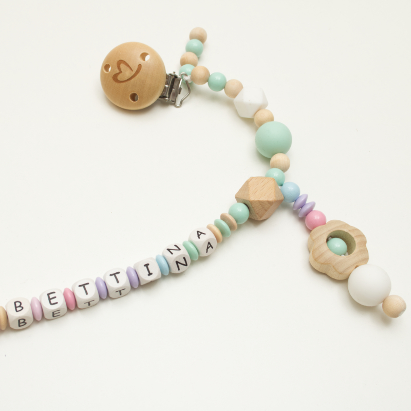 Babybeißkette, Holzperlen, Pastellfarben, Beißkette, Namensperlen