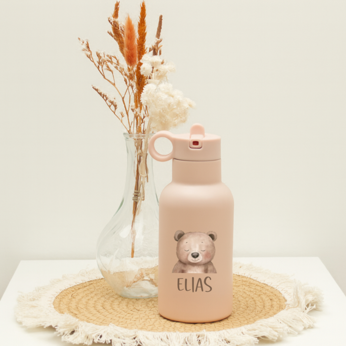 Wasserflasche, rosa Flasche, Bärenmotiv, personalisierbar, Ausgussdeckel