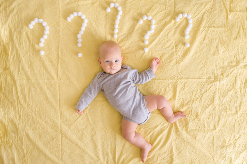 baby, infant, bodysuit, gray, yellow background