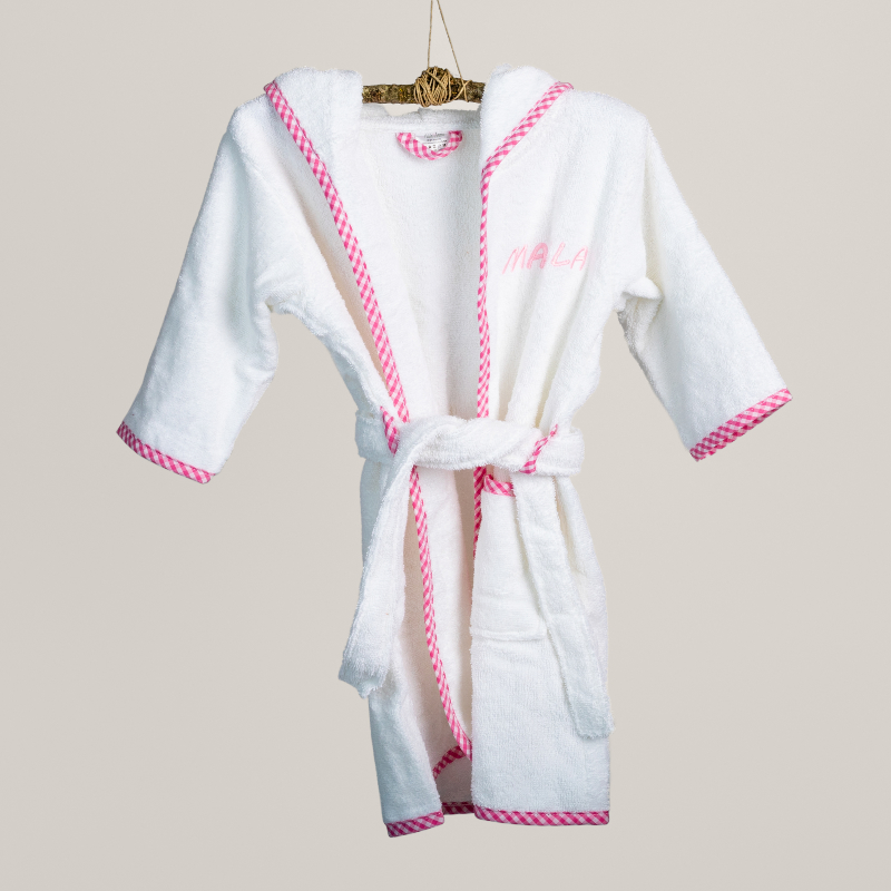 Bademantel, Robe, Weiß, Gürtel, Ripsband pink