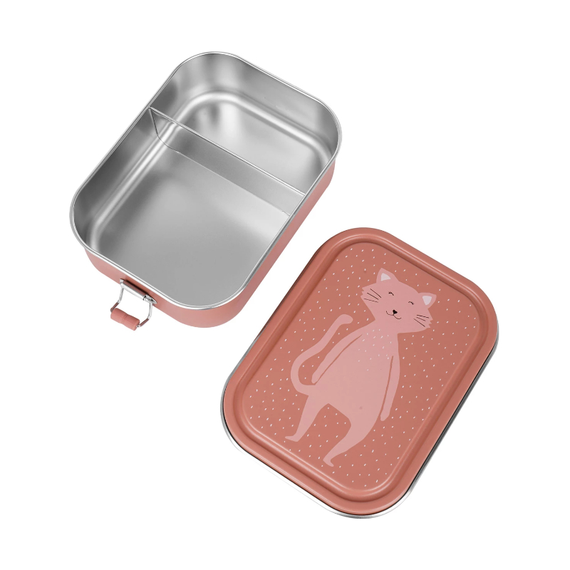 Lunch box, Metallbehälter, Rosa Farbe, Katze Illustration, Rechteckiger Deckel