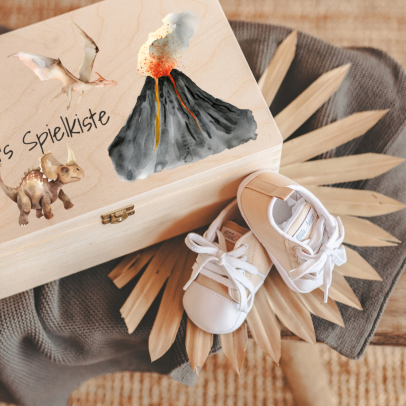 Spielzeug, Holzkiste, Babyschuhe, Kuschelschuhe, Dekokiste