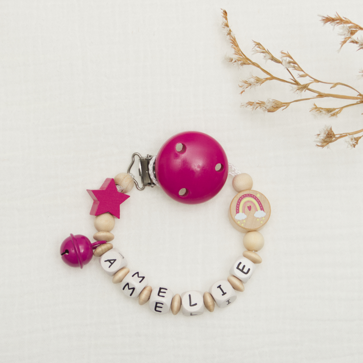 Babyschmuck, Beißring, Holzperlen, Rassel, Schmuckanhänger