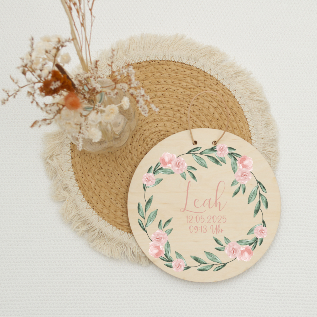 Holzschild, Hänger, Blumenkranz, Rosen pink, personalisierte Notiz