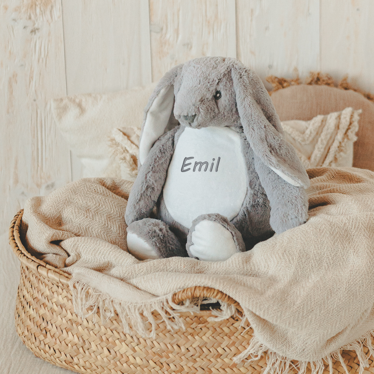 Plushes Hase, Stofftier, Grauer Hase, Korb, Personalisierter Name