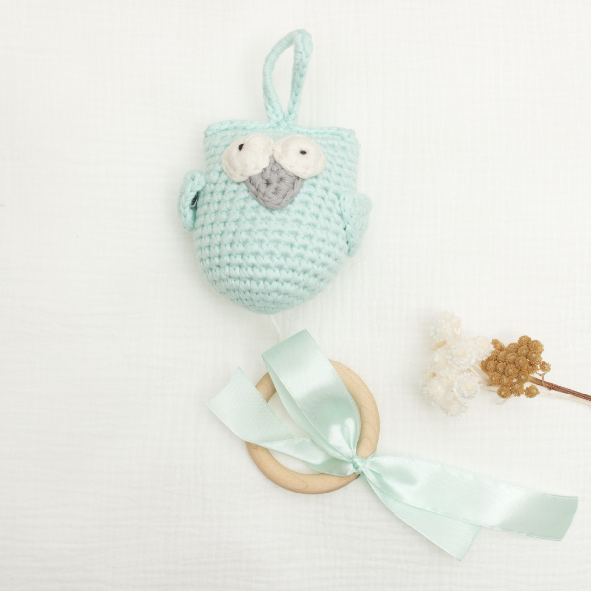 häkeln-eule, Babyspielzeug, mintgrün, handgemacht, Kinderring