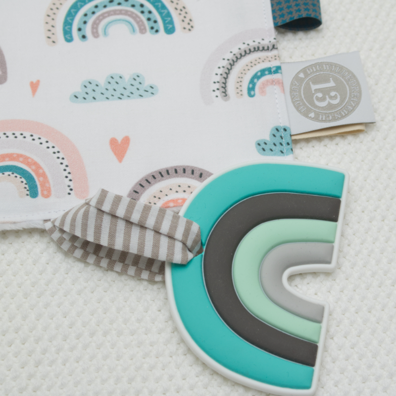 Rainbow pattern, Pastel colors, Fabric pouch, Teether toy, Striped ribbon