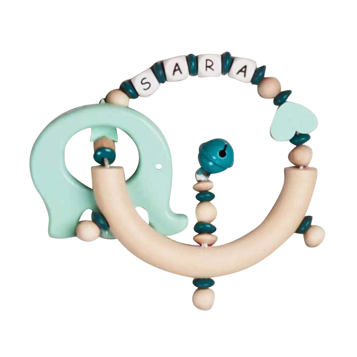 baby teether, elephant, holzperlen, mintgrün, zahnspielzeug