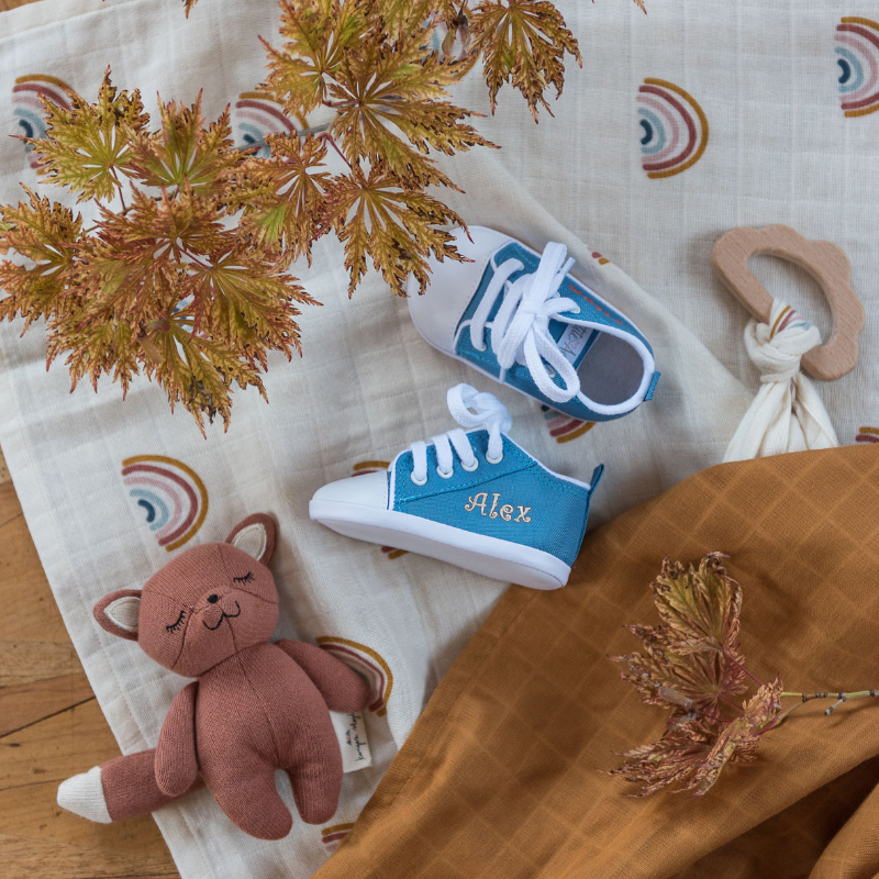 baby shoes, mini sneakers, blue sneakers, personalized, soft toy