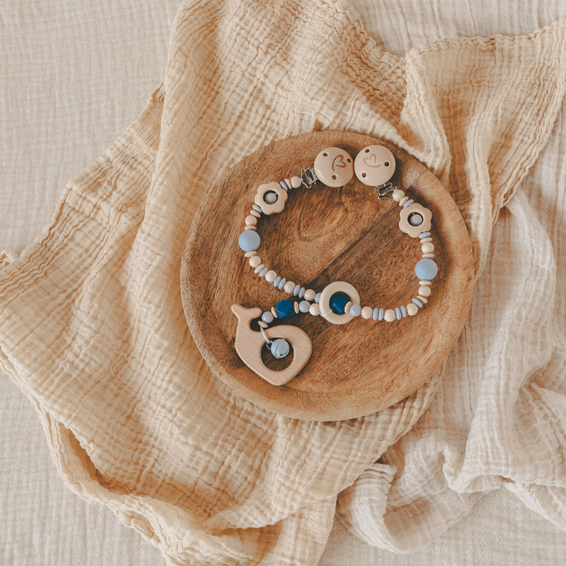 Beißkette, Babyarmband, Holzperlen, Blau Weiß, Handgefertigt