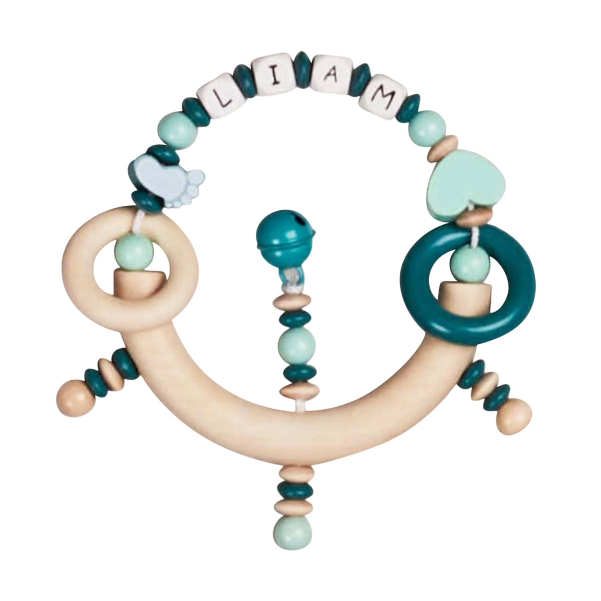 Baby-Rassel, Holzperlen, Türkis, Ringspielzeug, weiche Grifffläche