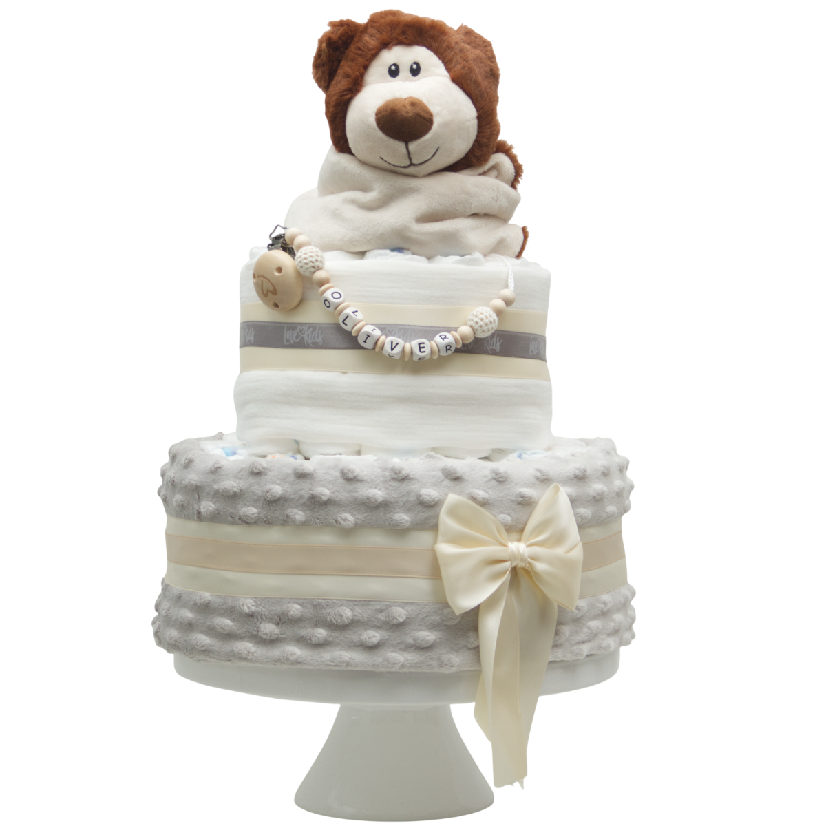Teddy-Bär, Kuchenverzierung, Babyshower-Torte, Beige Band, Fondantkuchen