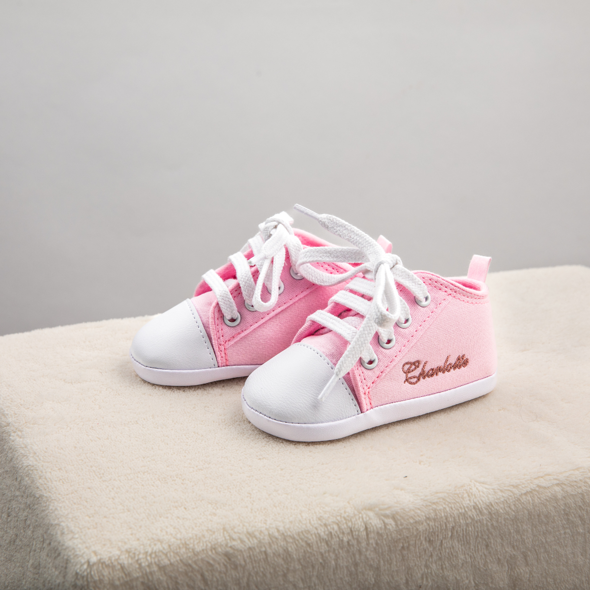Baby shoes, Pink canvas, White toe cap, Lace-up, Seiten-Stickerei