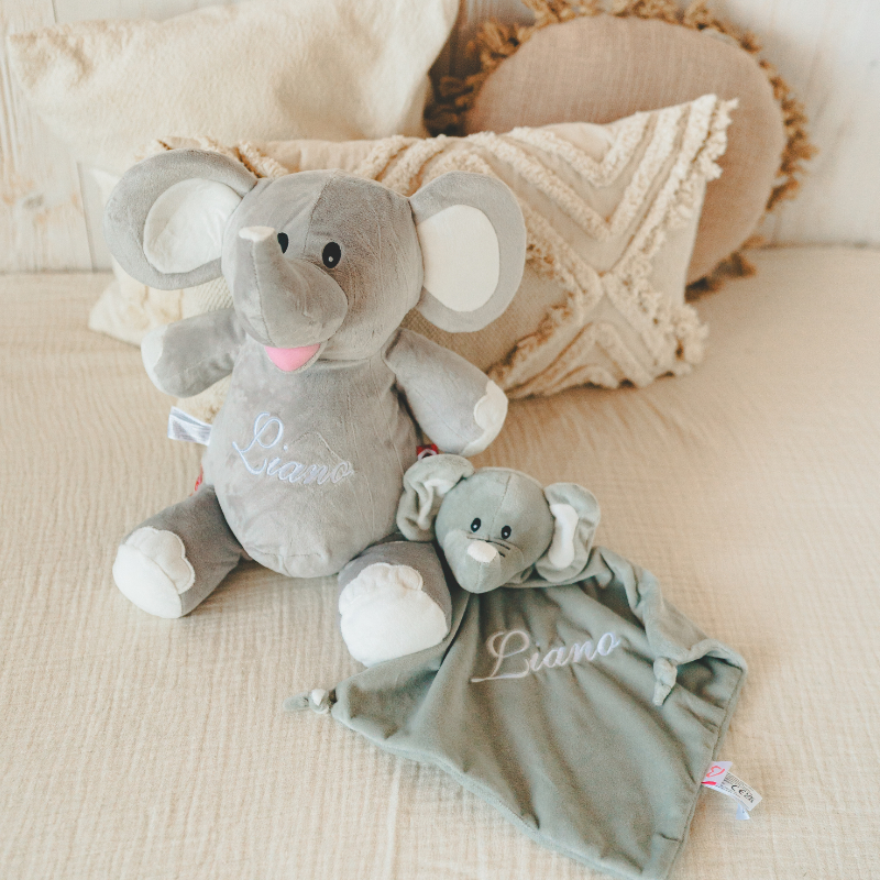 Plüschtier, Elefant, Babyspielzeug, grau, Namensstich