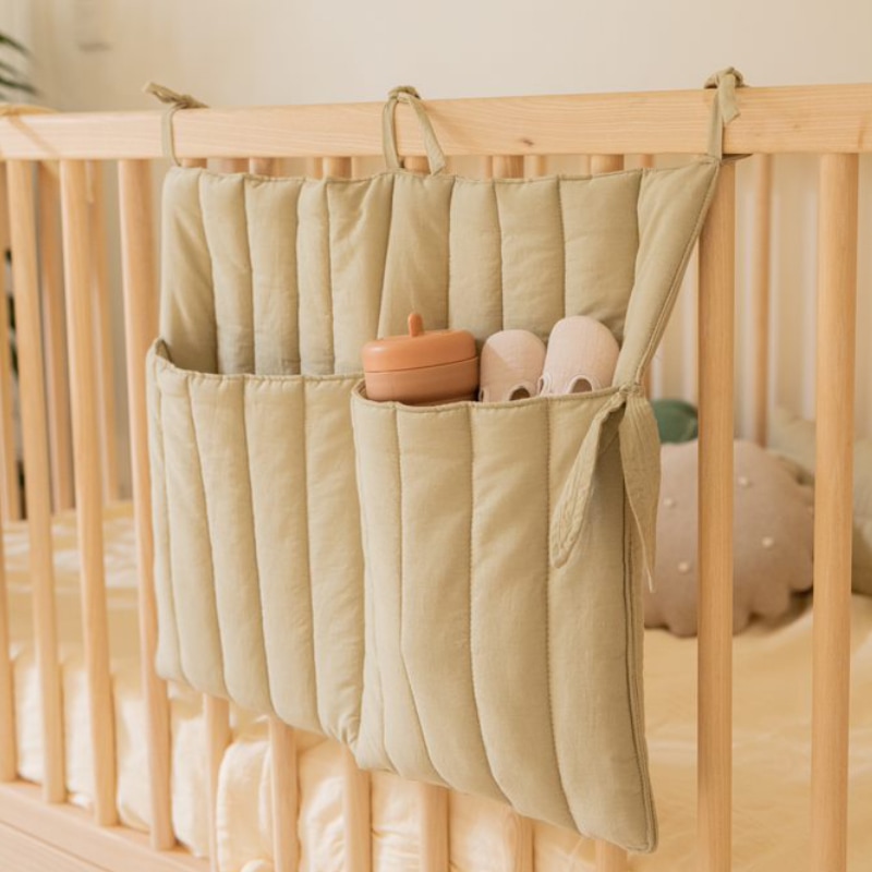Baby crib organizer, pocket organizer, fabric pouch, neutral color, storage bag