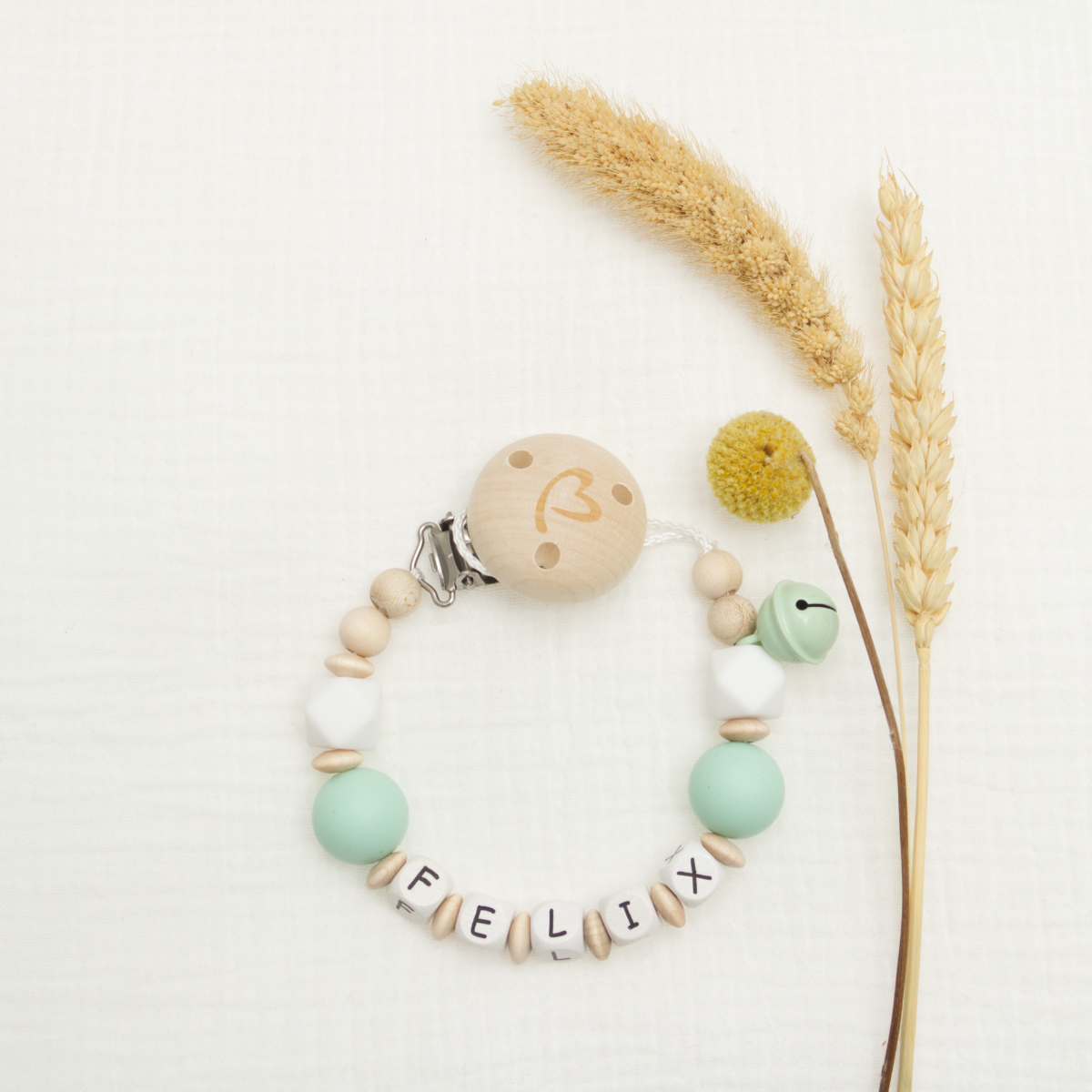 Baby-Teething-Armband, Holzperlen, Silikonperlen, Alphabetperlen, neutrale Farben