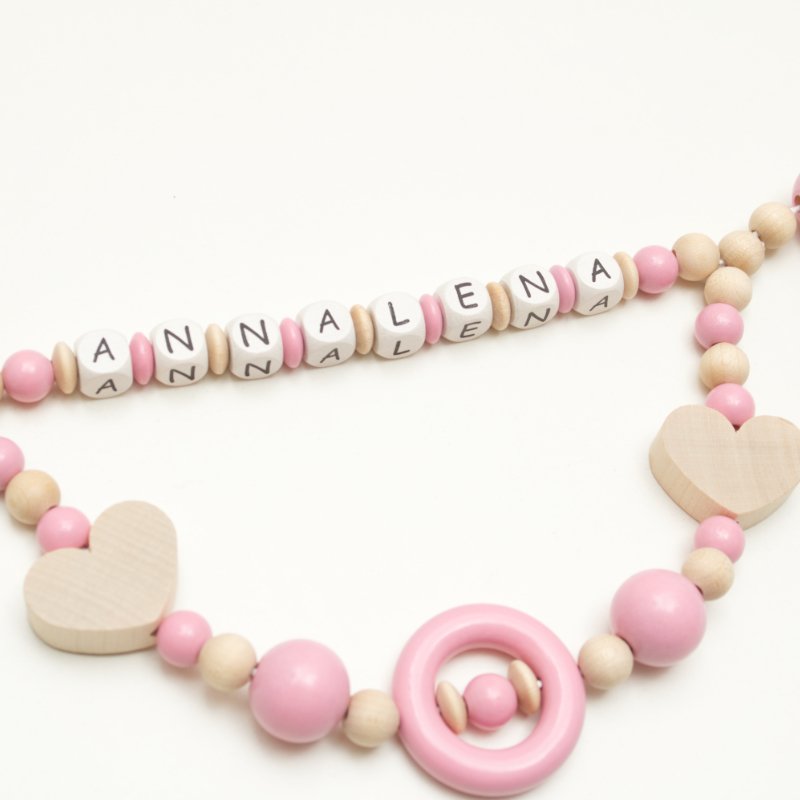 baby, teether, wooden, pink, necklace