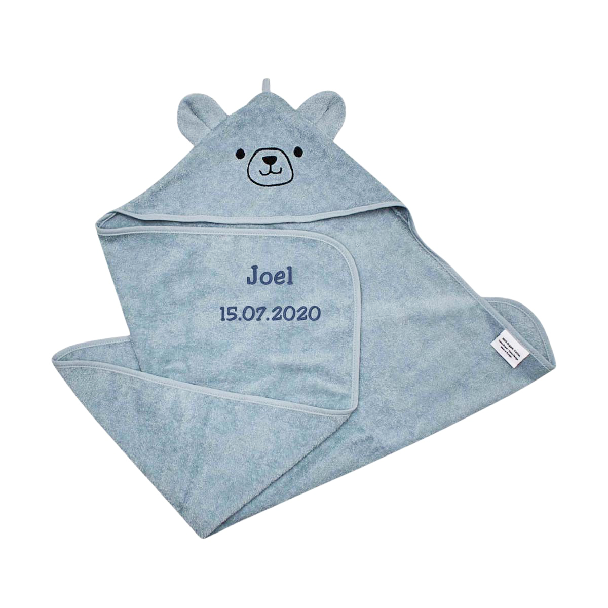 Babydecke, Kapuze, Bärenmotiv, personalisierbar, blau-grau