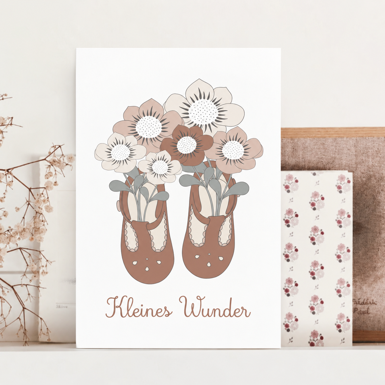 postkarte, blumen, schuhe, stiefel, kleines wunder