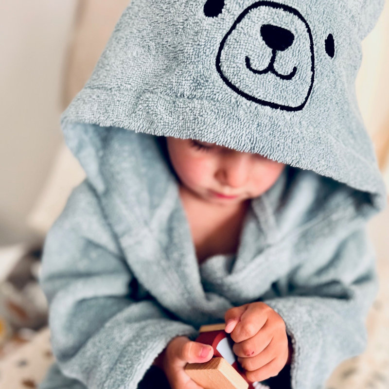 Kuscheltuch, Babybadetuch, Kapuze, Graue Farbe, Holzspielzeug
