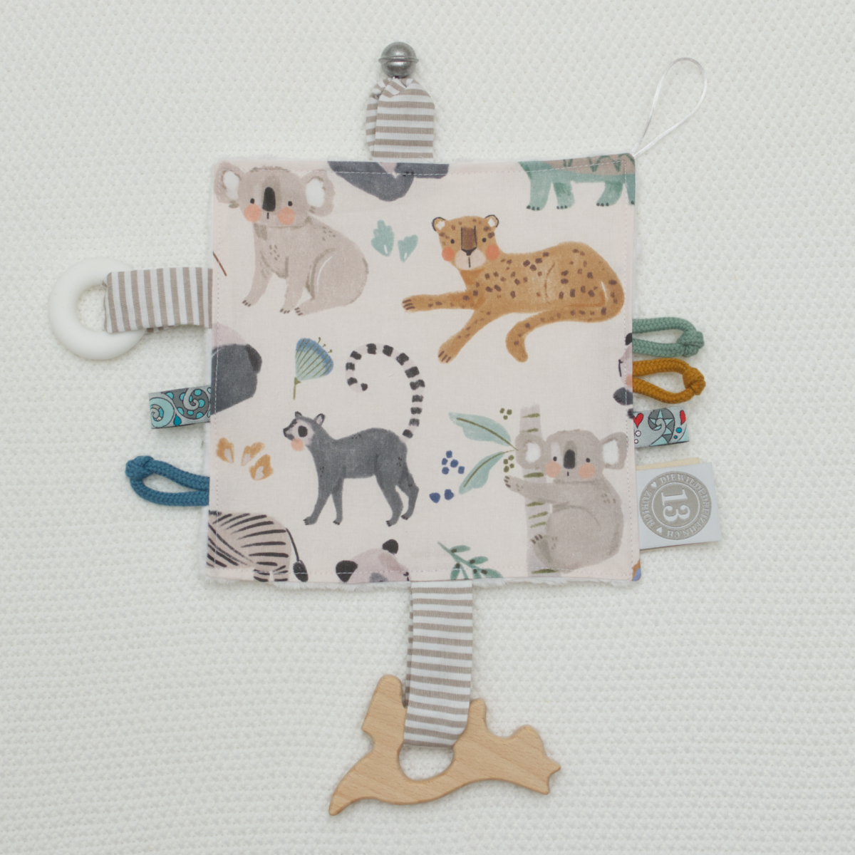 Baby-Activity-Blanket, Animal-print, Soft-fabric, Teether, Rattle-attachment
