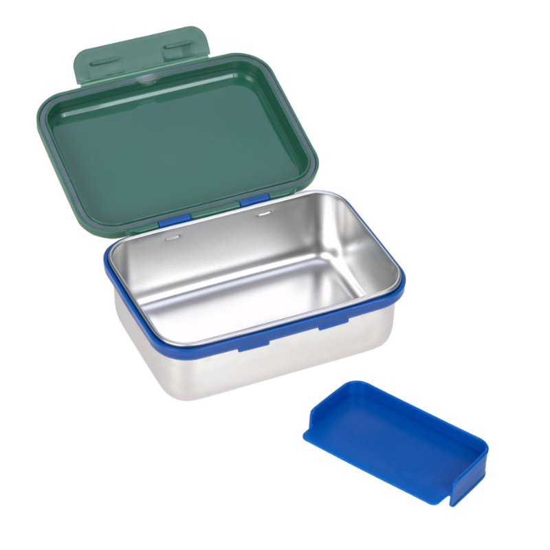 Lunchbox,  Edelstahl,  Rechteckig,  blauer Rand,  Deckel aufgeklappt