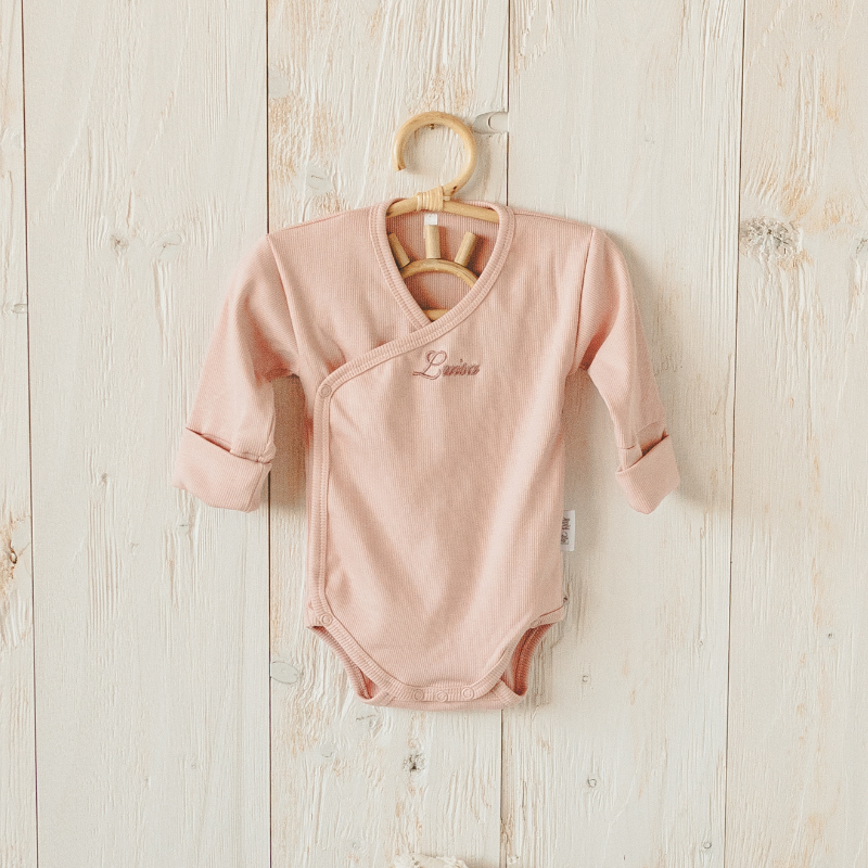 baby romper, long sleeves, pink, woven fabric, embroidery