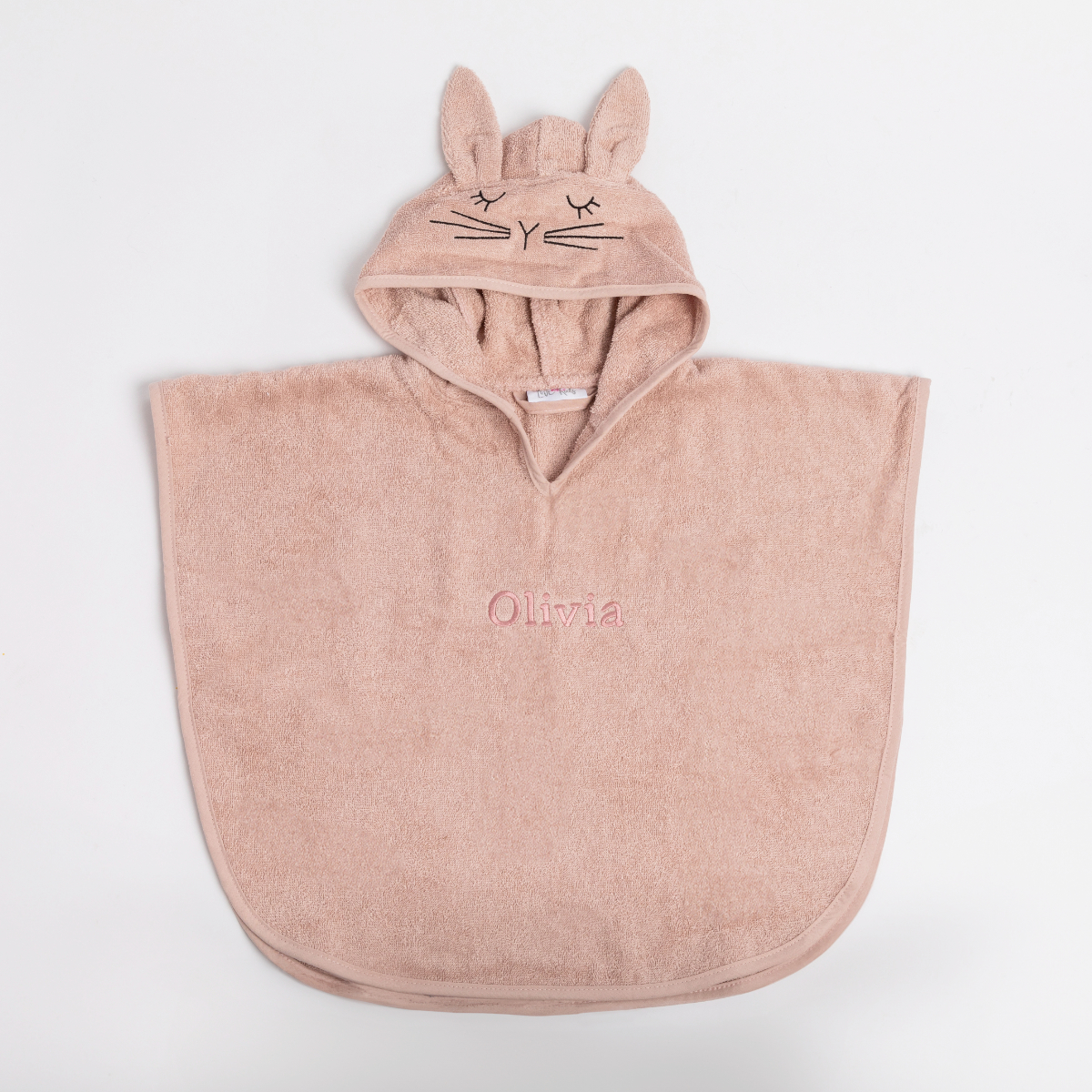 Hooded towel, Baby towel, Bunny hood, Embroidery name Olivia, Peach color