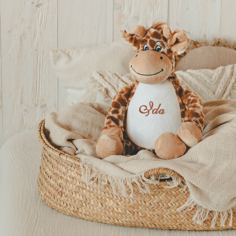 Plüschtier, Giraffe, Korb, weiches Spielzeug, bestickter Text