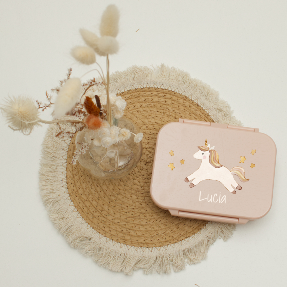 pink box, unicorn design, Kinder Lunchbox, Kunststoffgehäuse, personalisierter Name Lucia