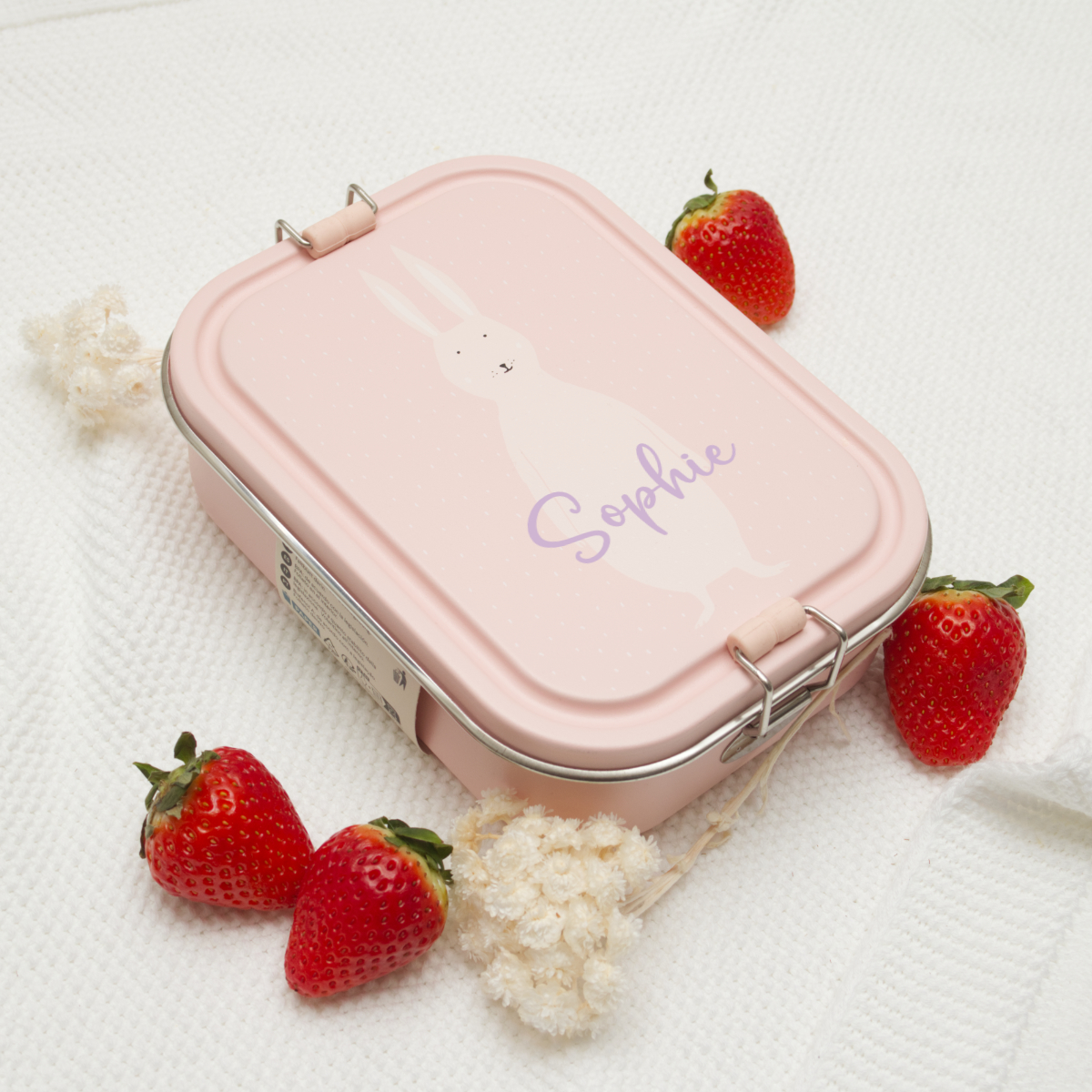 pinkes lunchbox, Häschen-Design, Erdbeeren, Metallverschluss, rechteckiger Behälter