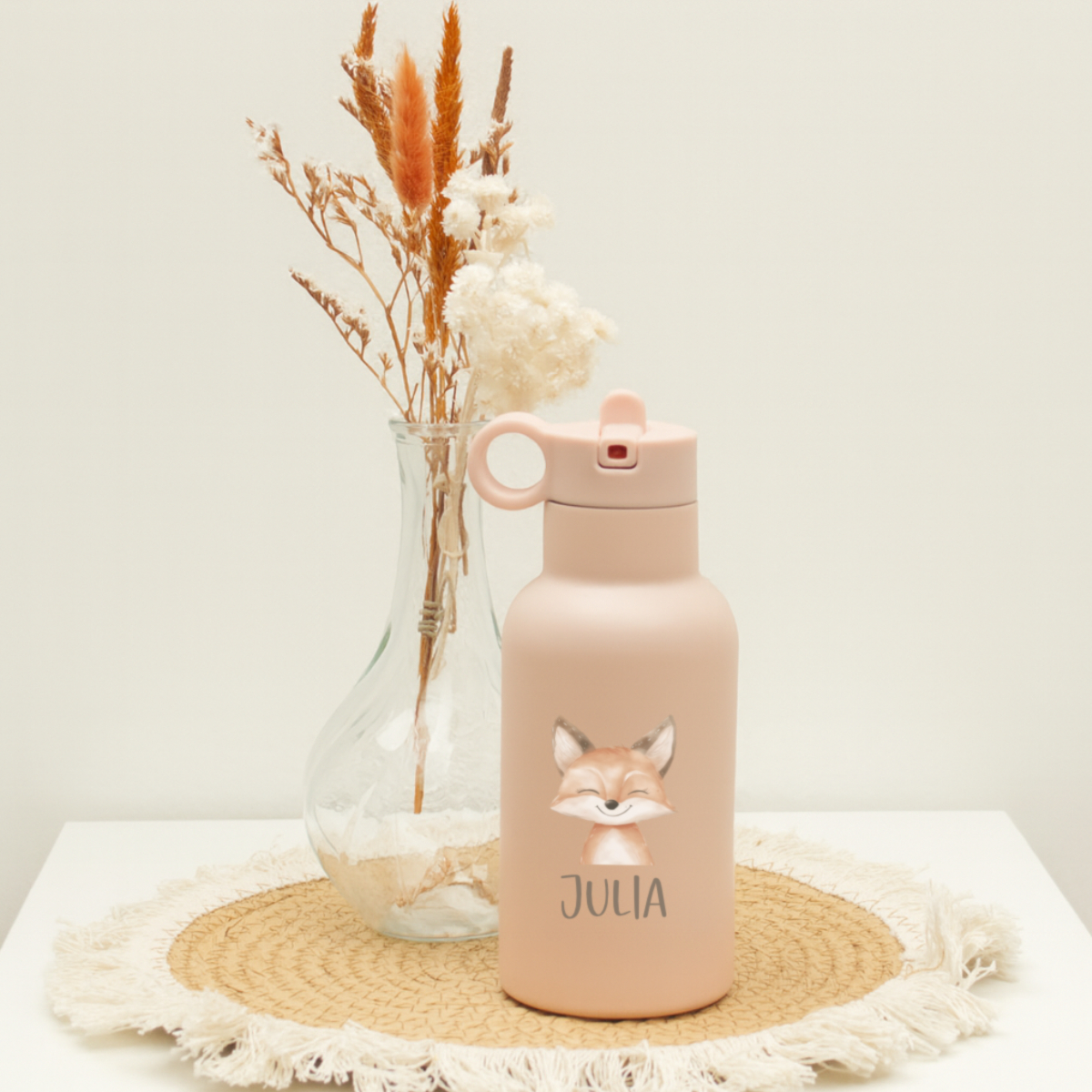 Trinkflasche, Kindertrinkflasche, Wasserflasche, Rosa, Fuchs-Print