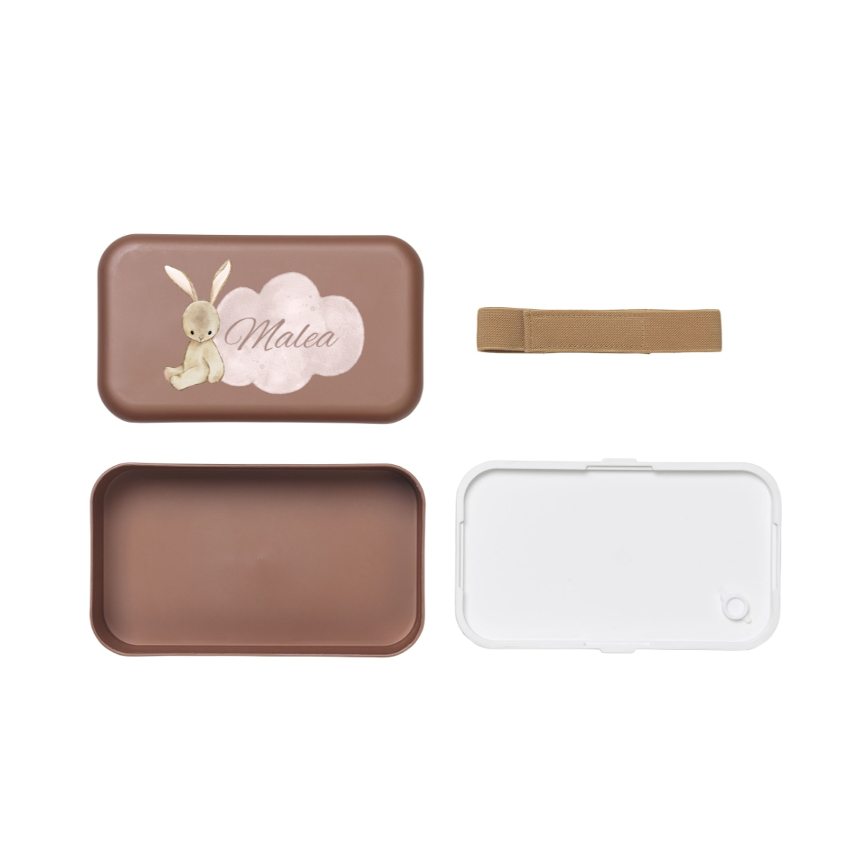 bento box, lunch box, braun, Häschen-Design, Trageriemen