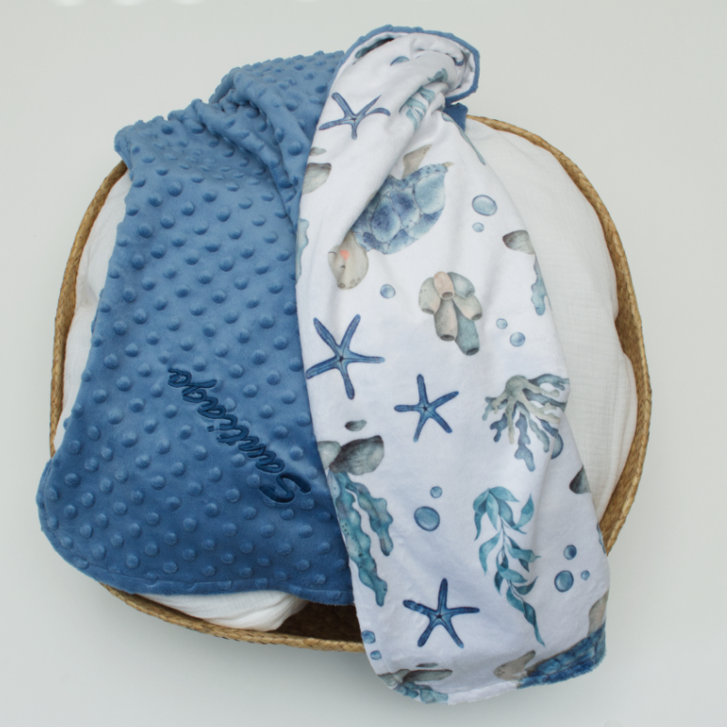 blaues decken, kuscheldecke, strandmuster, marine motif, baumwollstoff