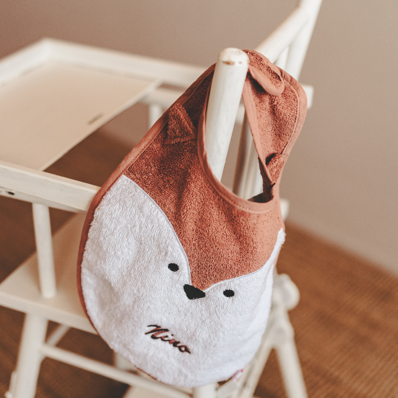 Baby bib, Fox design, Brown white, Terry cloth, Adjustable bib