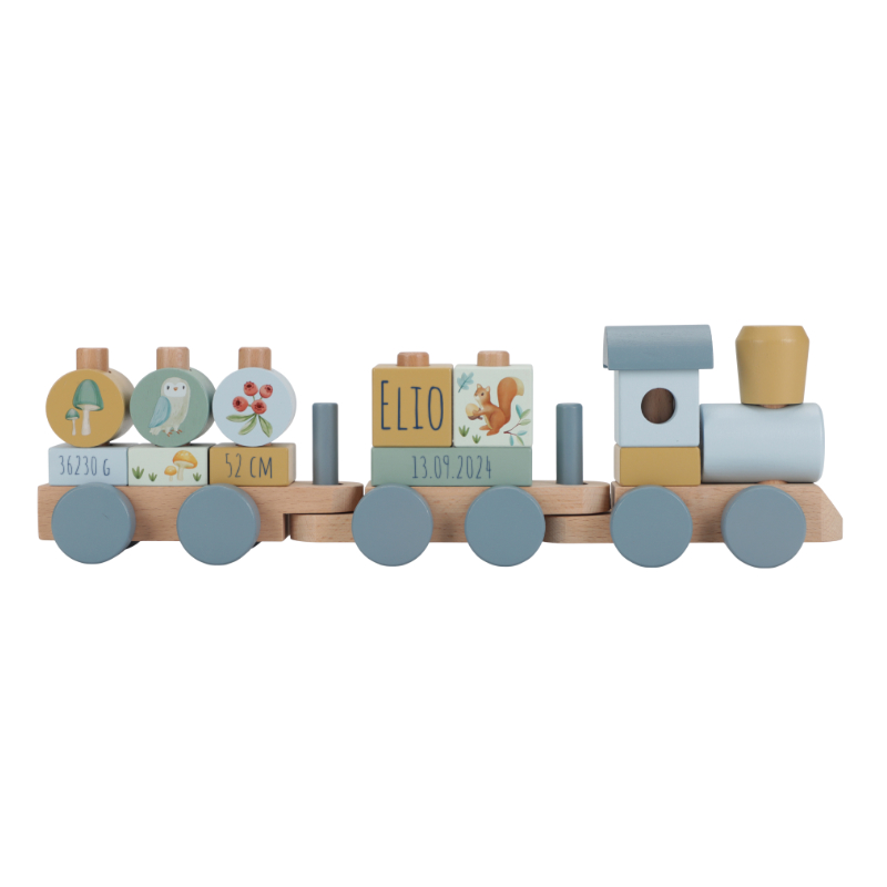 Holzspielzeug, Kleine Lokomotive, Zugwagen, Wagen mit Figuren, Geburtsdaten-Tafel