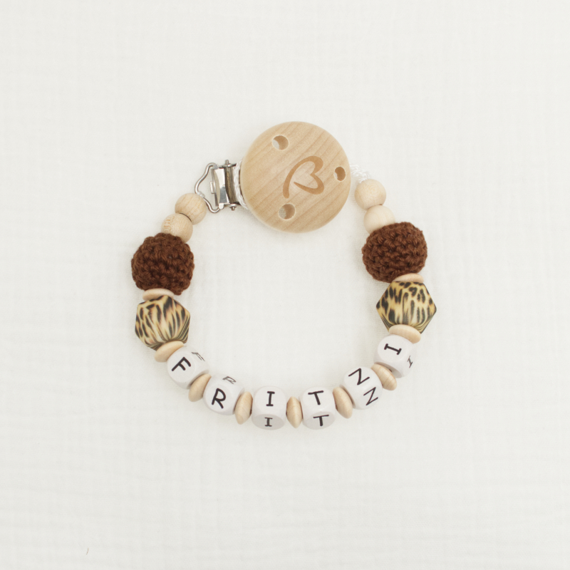 baby bracelet, wooden clip, beads, letters, brown leopard pattern