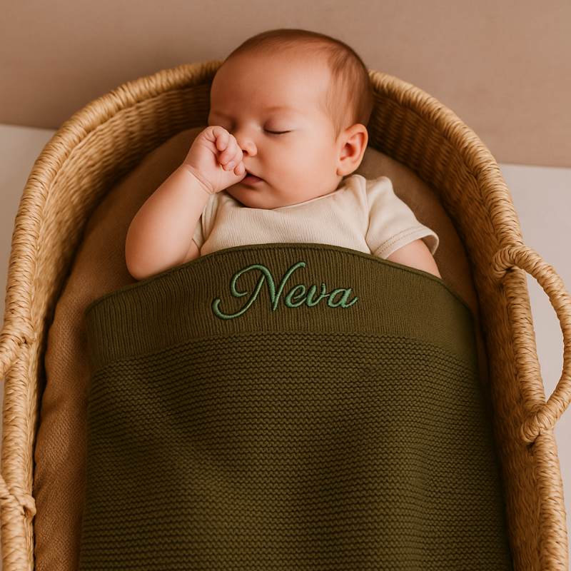 Baby, Schlafsack, Wickeldecke, Strickdecke, Name auf Decke