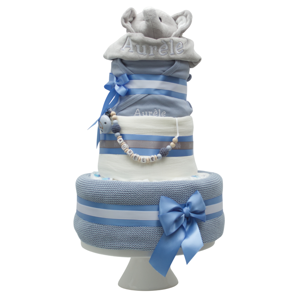 baby cake, blau-grau, Schleifenband, gestreifte schichten, teddy hood