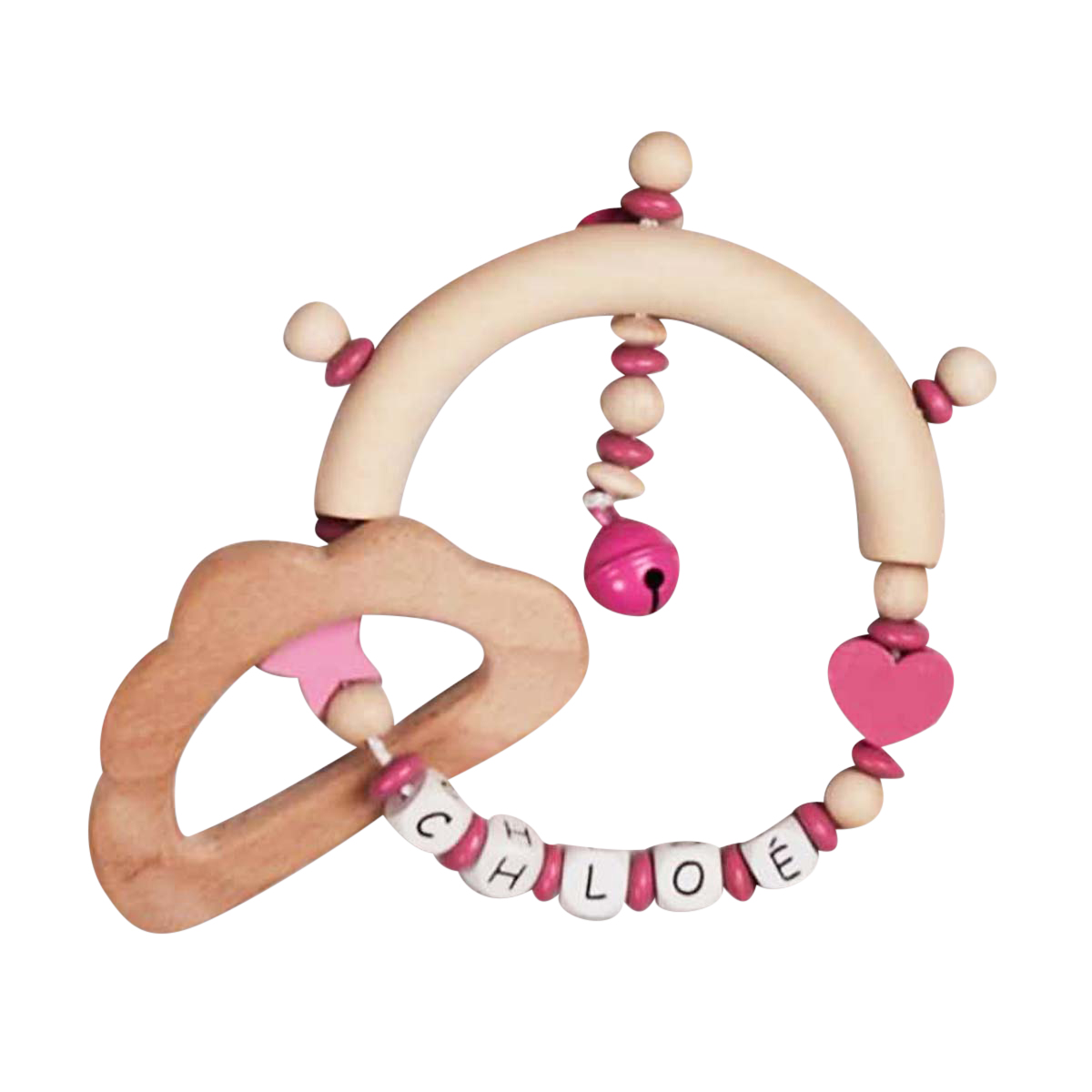 babyteether, holzspielzeug, pink beads, herzanhänger, buchstabenperlen