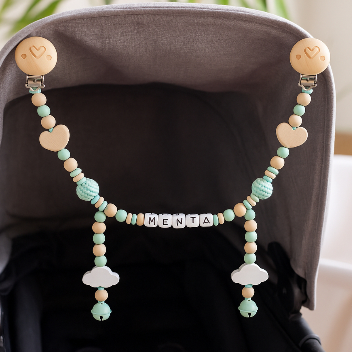 Baby-Kletterkette, Holzperlen, Mintgrün, Wolkenanhänger, Buchstabenperlen