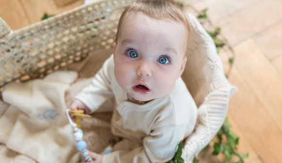 baby, infant, blaue augen, beißringe, gewebter korb