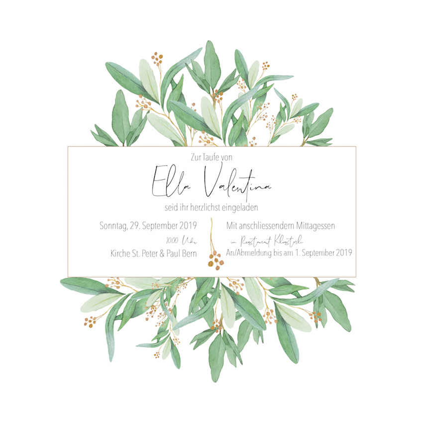 hochzeitseinladung, einladungsdesign, grüner-blattkranz, blattornament, handschrift-typografie
