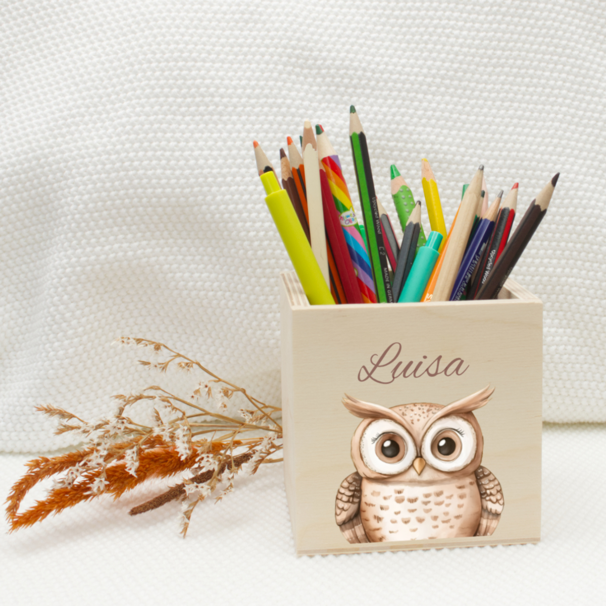Schreibtisch-Organizer, Bleistiftbehälter, Eulen-Illustration, Holzbox, Kinderzimmerdeko