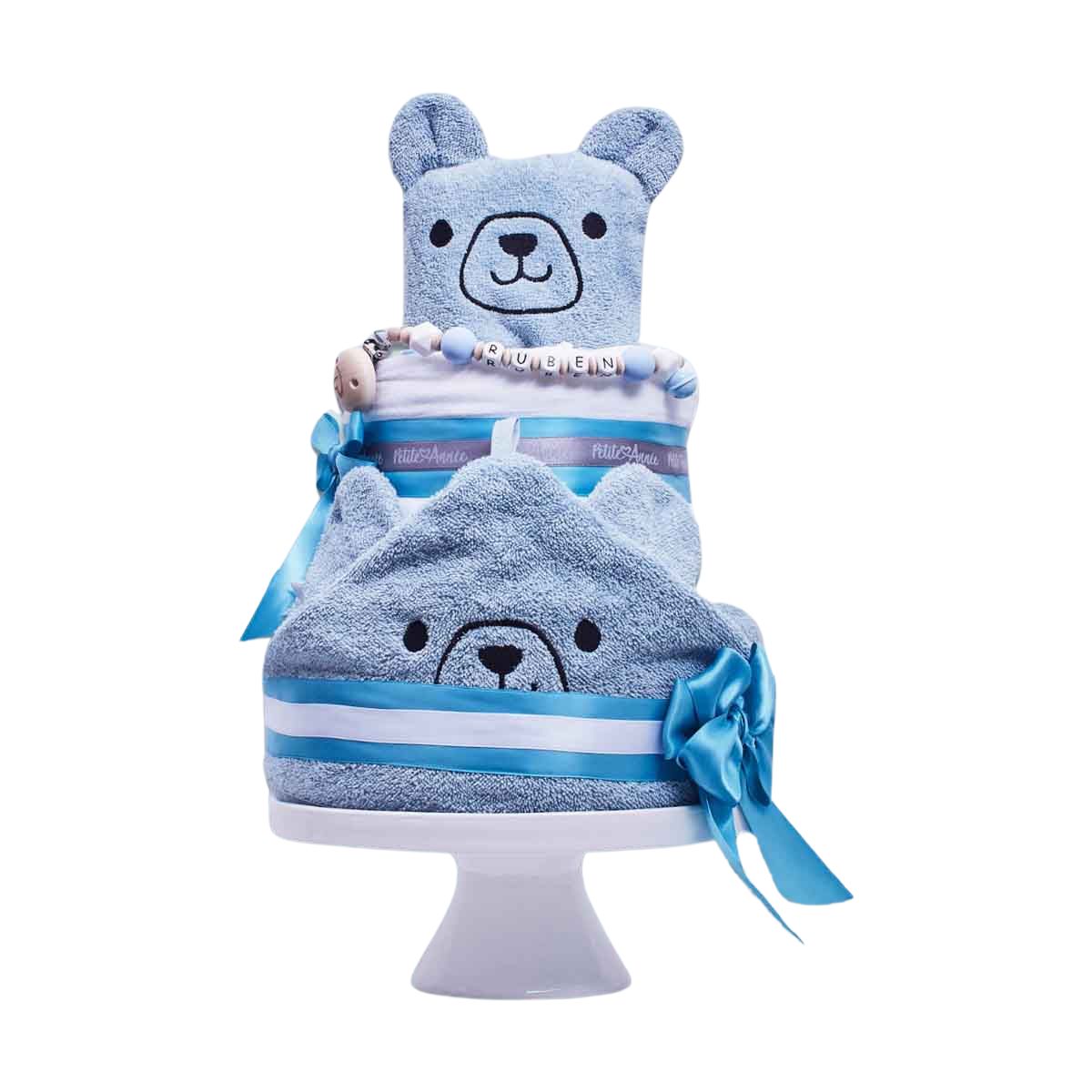 Baby towel set, Bärendesign, Blaues Plüsch, Tuchenkuchen, Geschenkset