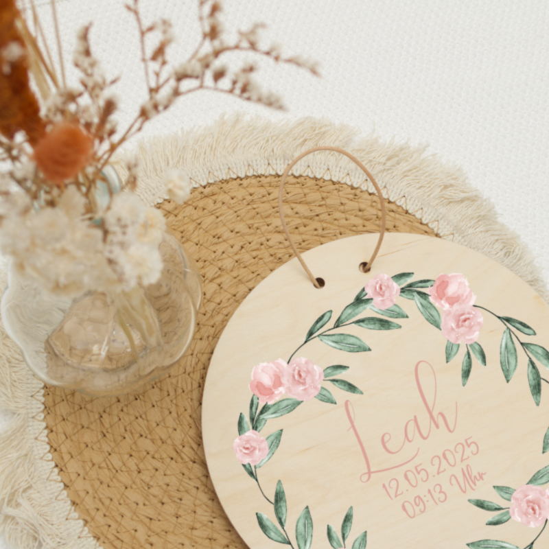 hanging sign, wood plaque, floral wreath, pink roses, birth details