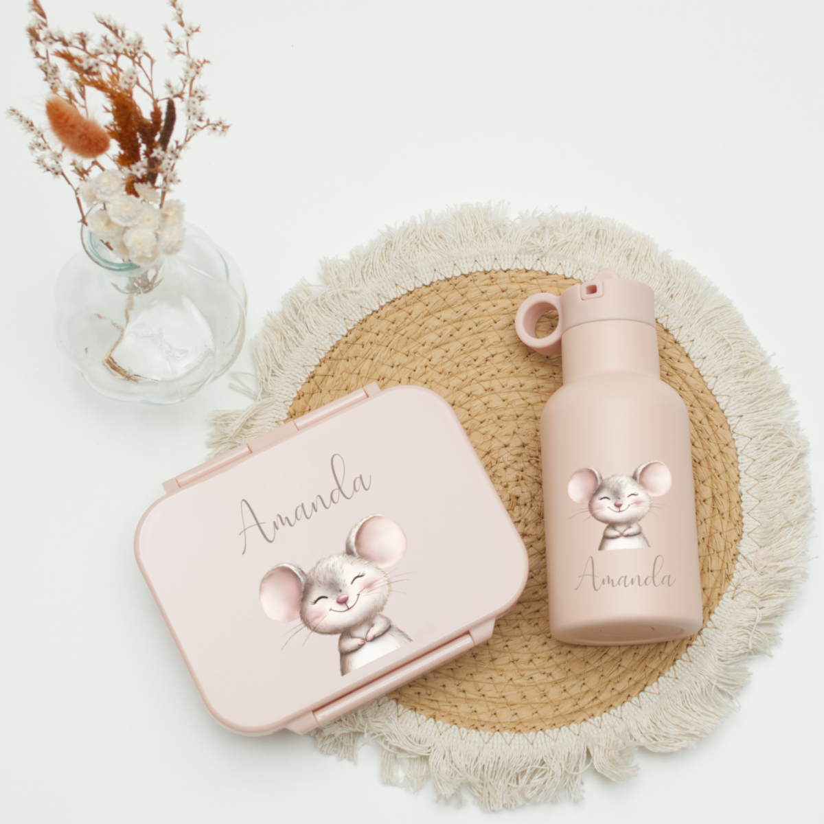 Kinderbox, Trinkflasche, Maus-Design, rosa, Set