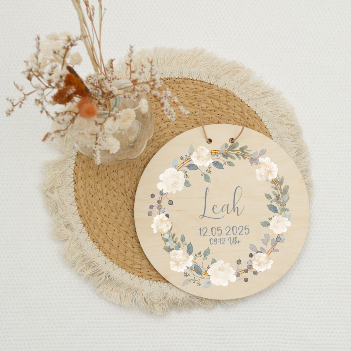 hochzeitsdeko, Dekoschilder, Holzscheibe, Blumenkranz, Personalisierte Deko