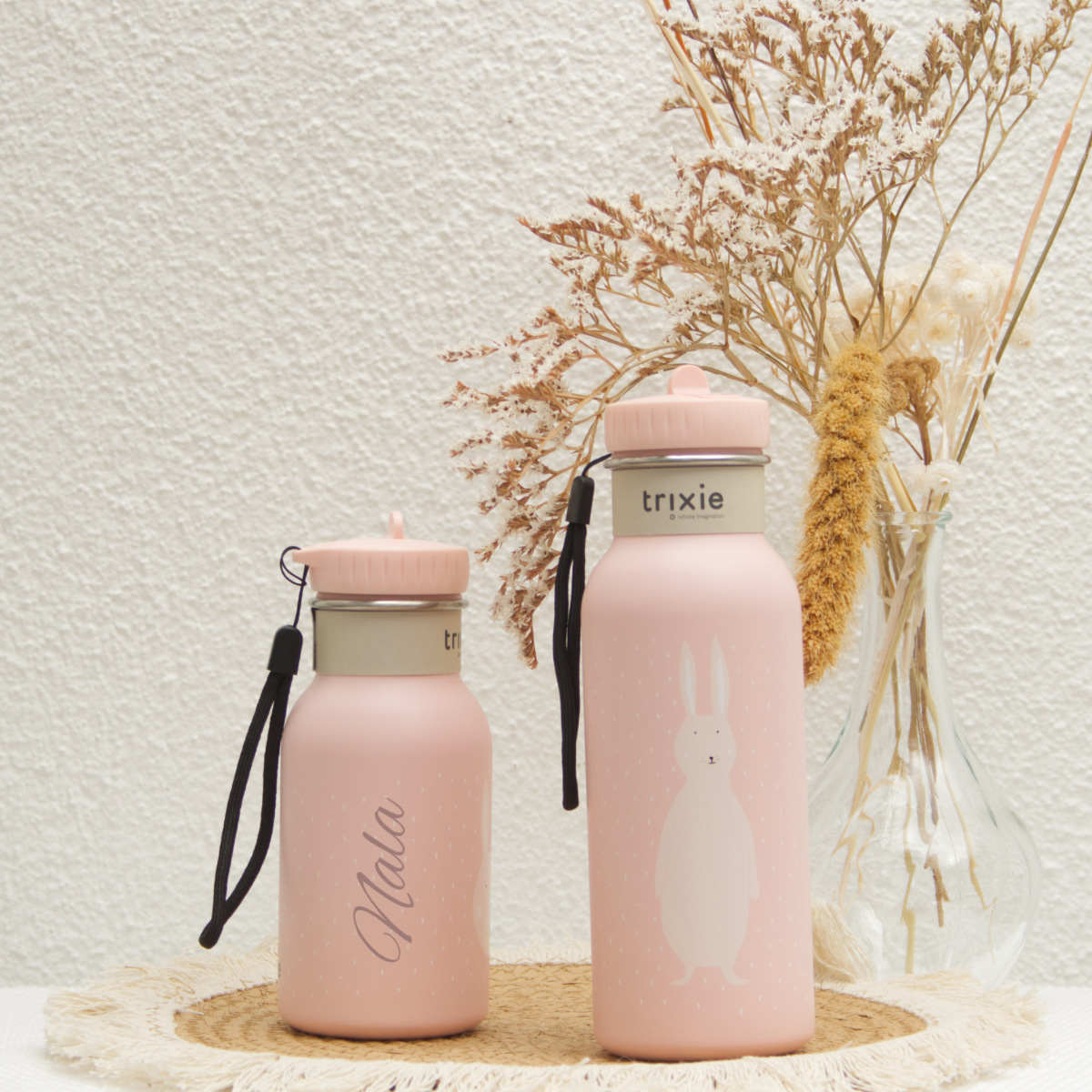 Wasserflasche, rosa Flasche, Hase Design, gepunktetes Muster, wiederverwendbare Flasche